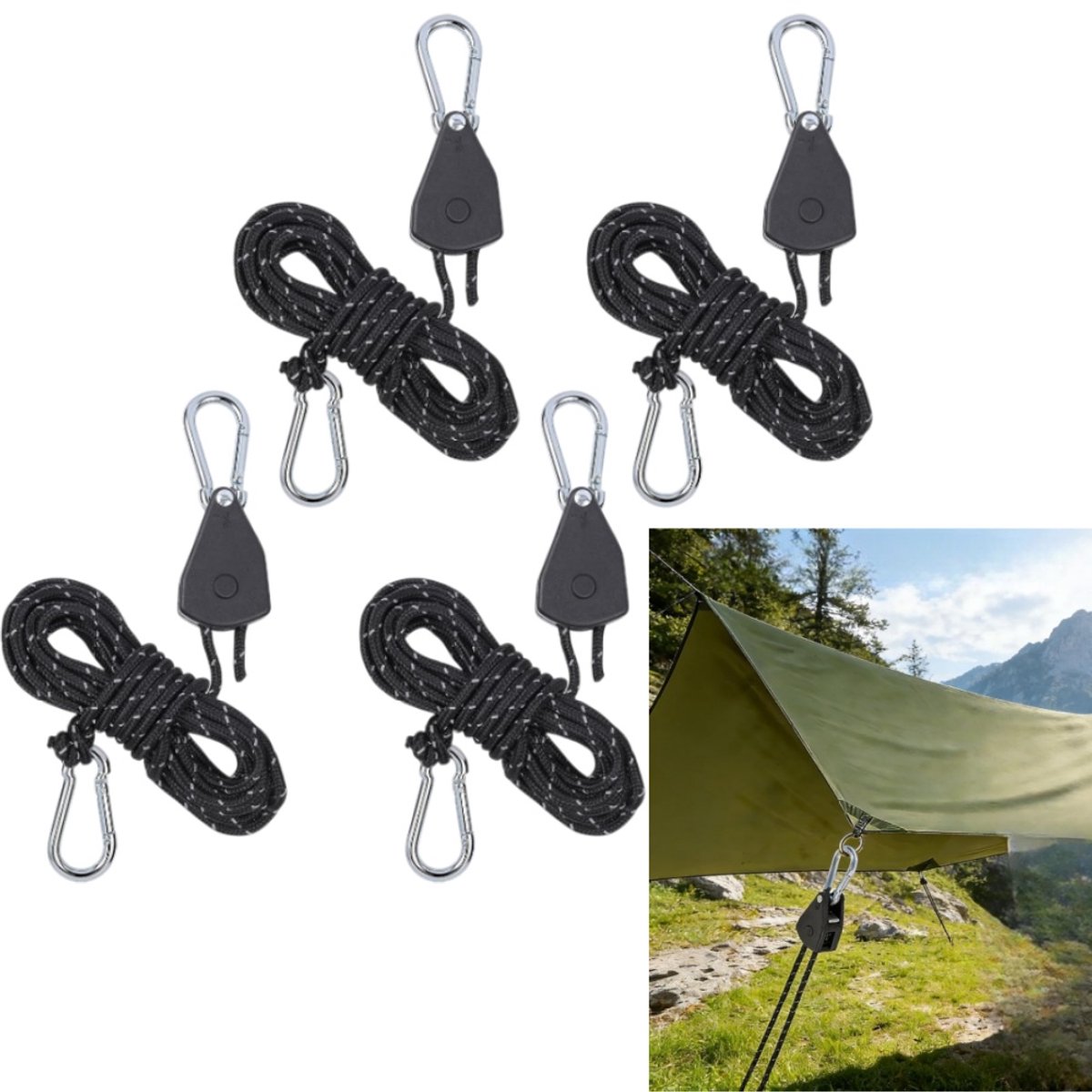 4 stuks - Verlengde, verstelbare touwophanger - Reflecterende ratelsluiting - Ophangbanden - Bevestigingsbanden met spanmechanisme - 4 m - Voor het ophangen en bevestigen van plantenlampen, tenten, luifels en waterdicht doek - Zwart