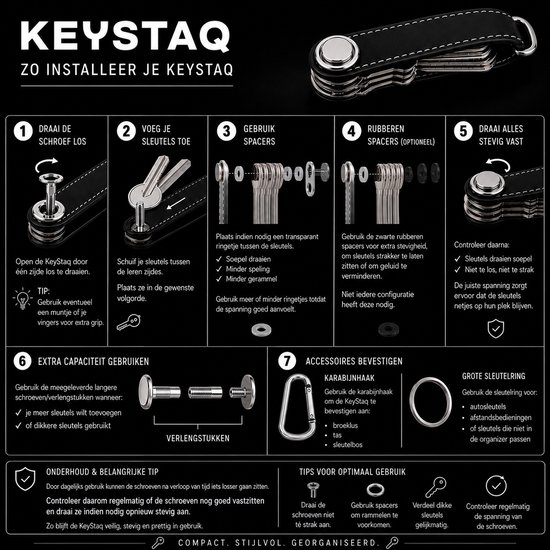Instructies voor het monteren van de Keystaq sleutelorganizer met duidelijke afbeeldingen.