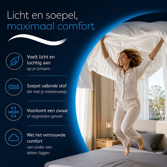 Vrolijke vrouw met een deken, die veert op een bed, met tekst over lichtgewicht comfort.