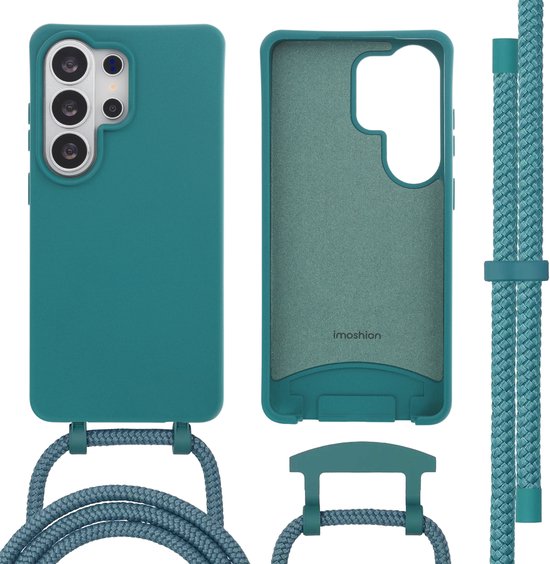 Donkergroene telefoonhoes, binnenzijde en afneembaar koord.