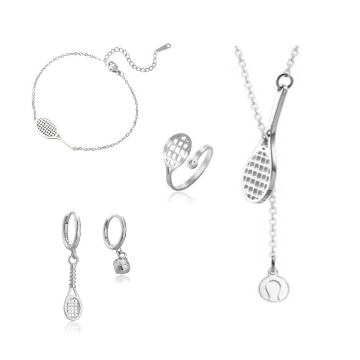 SportPresent® - Sieradenset - Tennis - Padel - Ring - Oorbellen - Armband - Ketting - RVS - Zilver - Tennisracket - 925 - Tennisbal - Sieraad - Kado - Sport - Teamkado - Sportsieraad