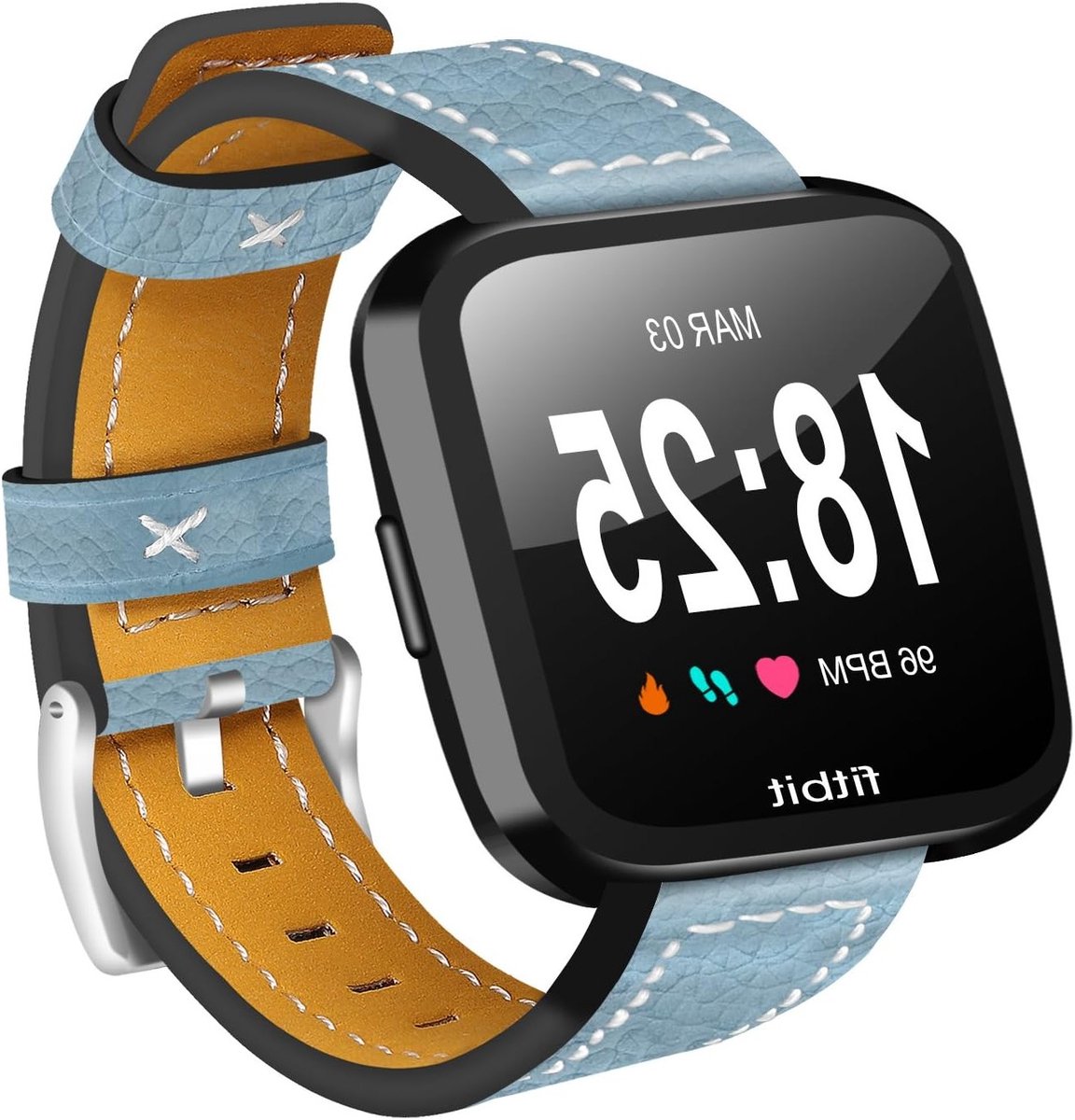 Leren Horlogeband voor Fitbit Versa - Zacht Leer, RVS Gesp, Vervangende Armband voor Fitness Accessoires - Blauw, Comfortabel en Duurzaam