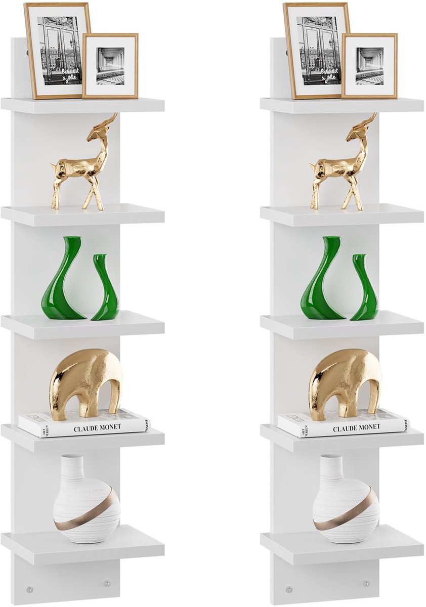 2 Stuks Zwevende wandplanken 5 lagen wit - Verticale opbergtoren - Zwevend wandrek - Decoratieve wandplanken voor thuis, slaapkamer, woonkamer en kantoor
