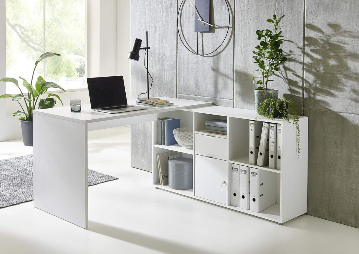 Hoekbureau met Opbergruimte en Afsluitbare Deur 131 x 67 x 74 cm - Computerbureau Thuiskantoor Bureau Werktafel met Kast en Lade - Wit - Mobili Bella