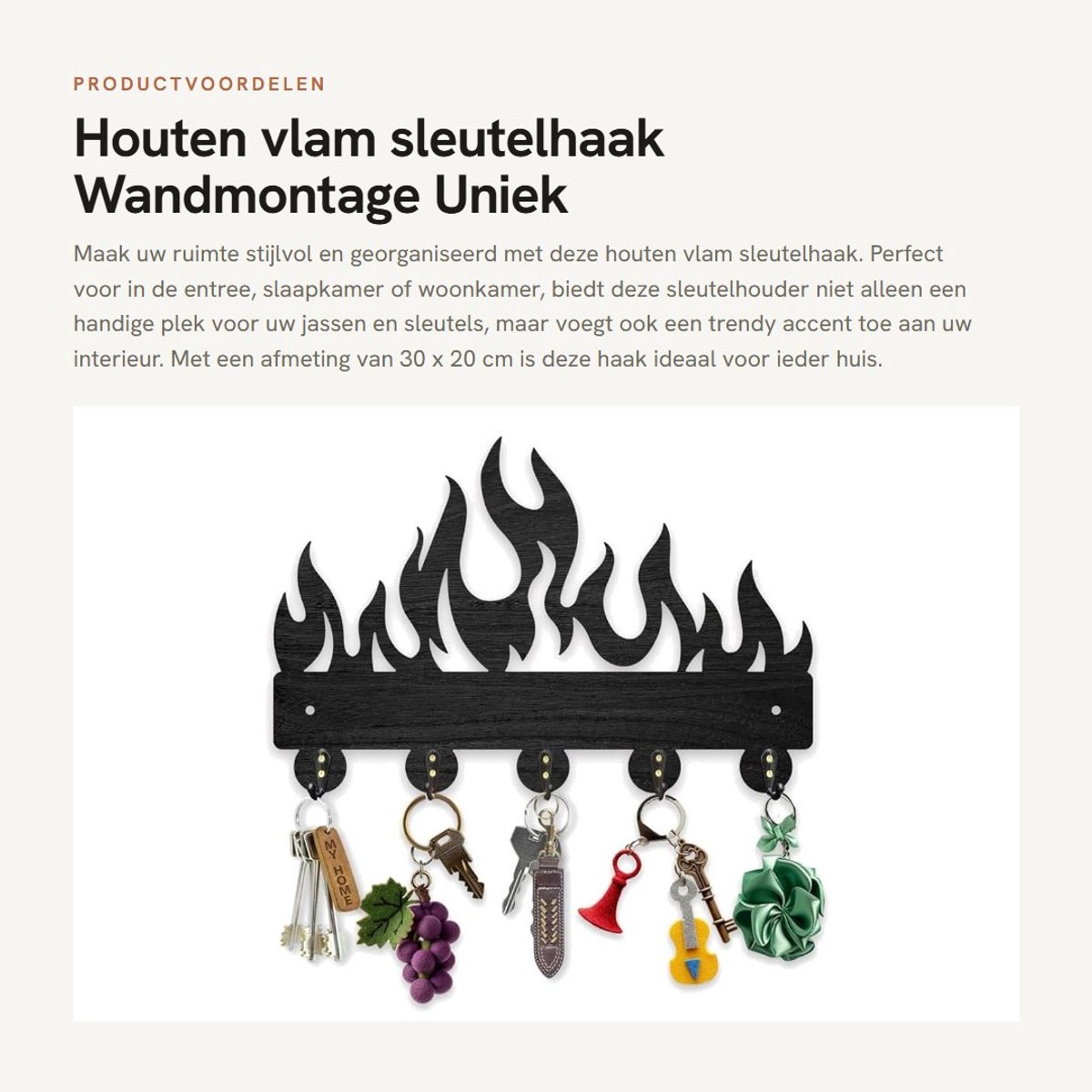 Dailygoods- Sleutelhaak Wandmontage - Houten Vlam - 5 Haken - 30 x 20 cm - Eenvoudige Installatie - Decoratieve Kunst - Kapstok