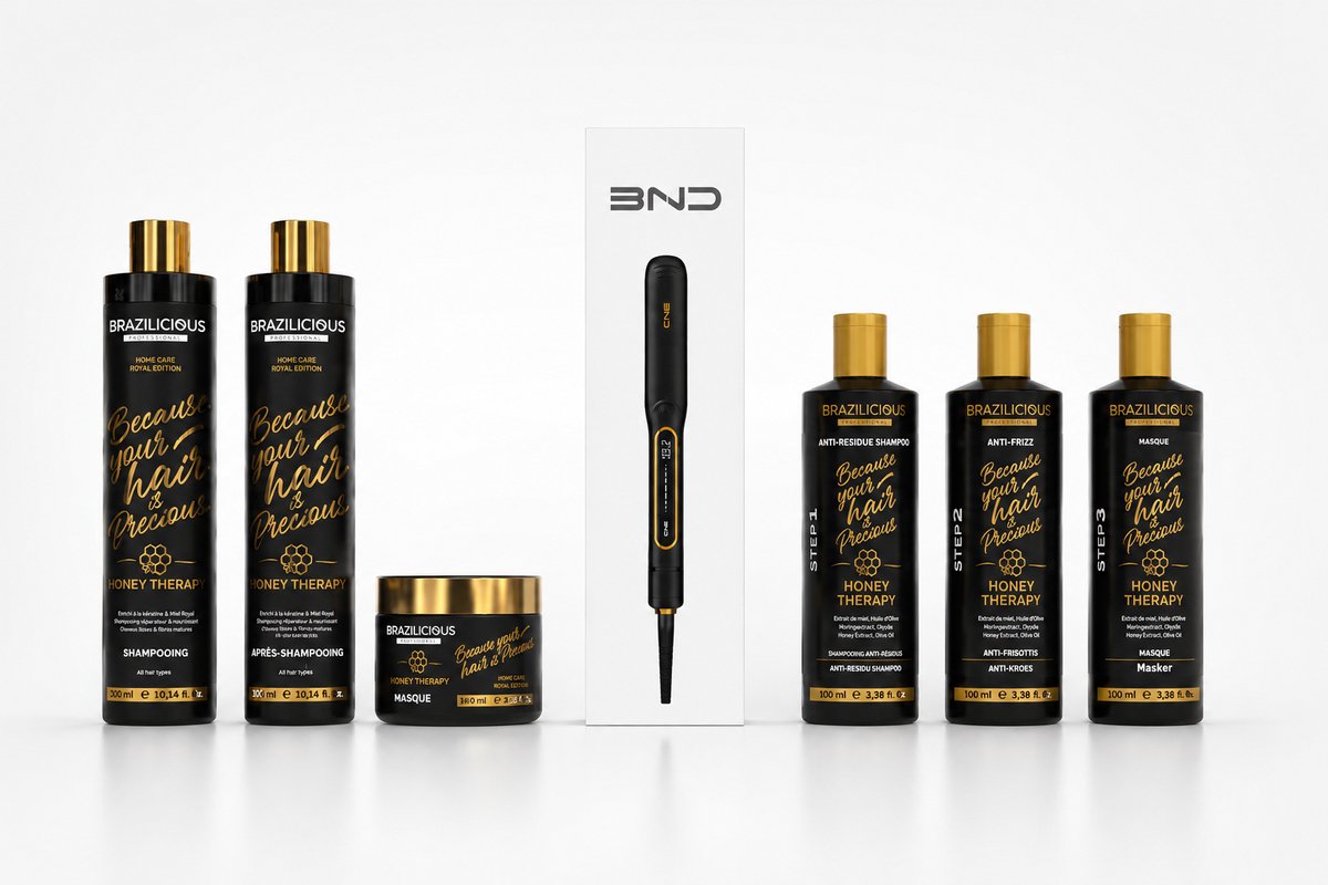 Brazilicious Honey Therapy Keratine 3 x 100ml & Brazilicious Honey Shampoo & Conditioner & masker 3x250ml + BND Stijltang