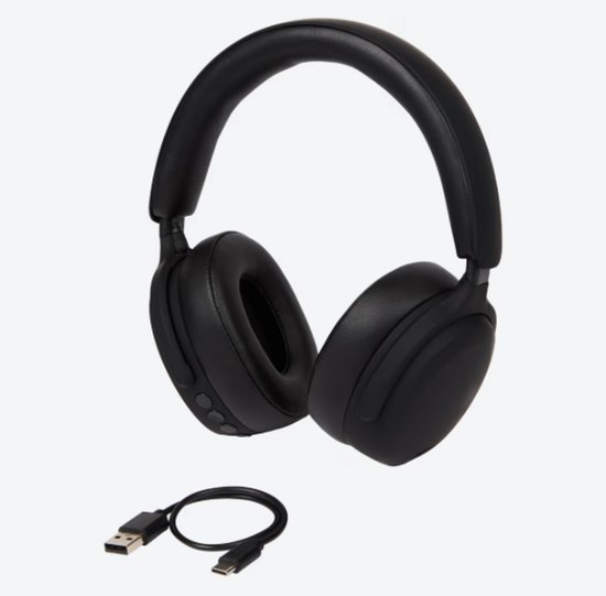 Zwarte Philips draadloze over-ear koptelefoon met ANC en USB-C oplaadkabel.