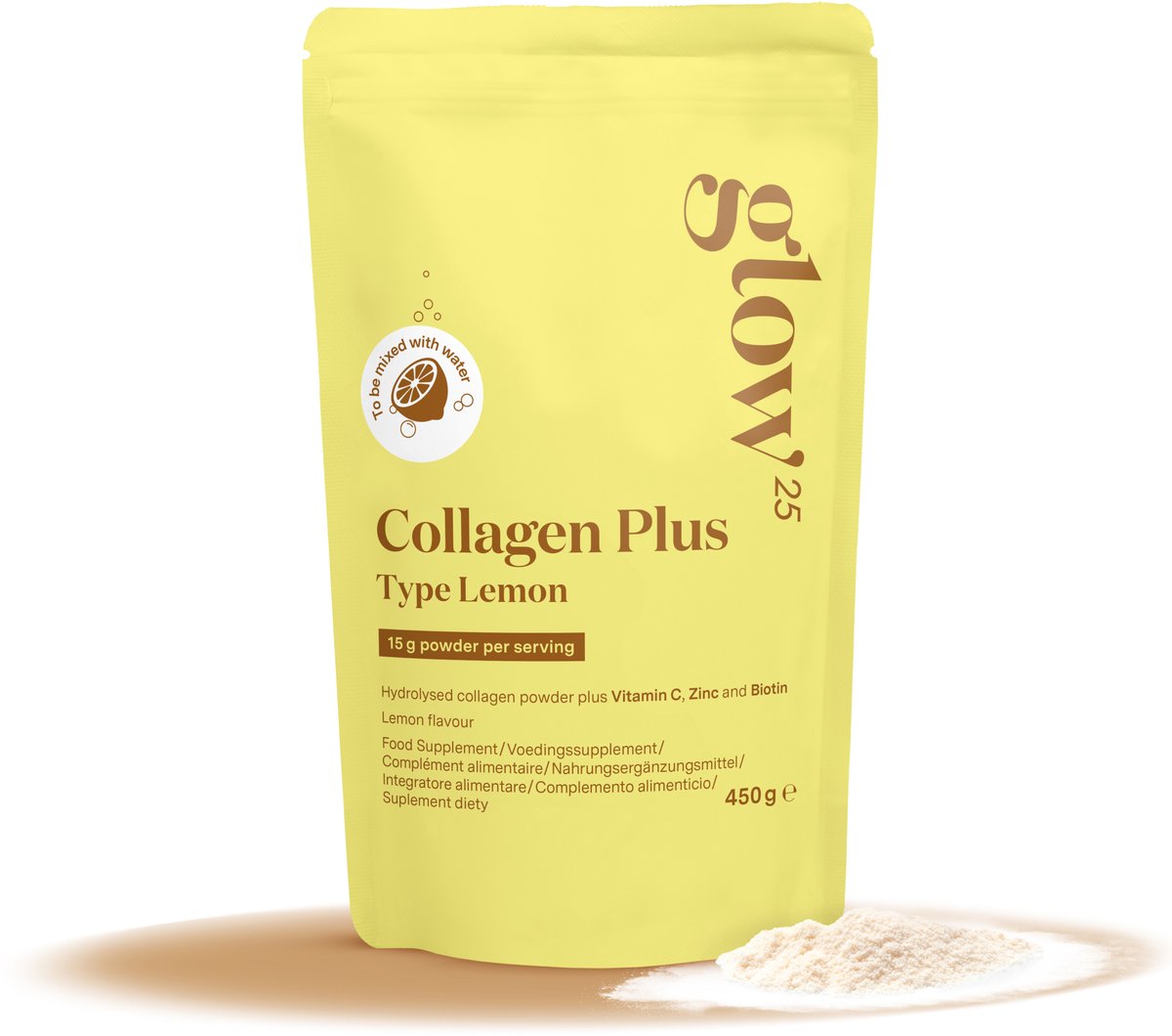 Glow25® Collagen Lemon (450 gram) | met vitamine C, zink en biotine | peptiden type 1 en 3 | citroensmaak | voeg toe aan water