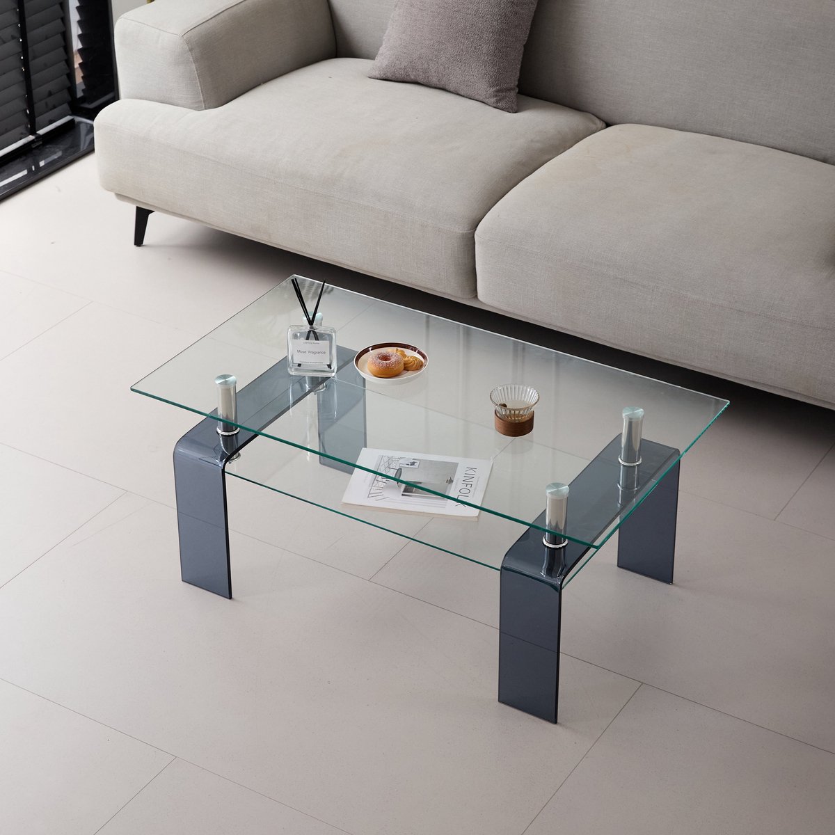 Merax Glazen Salontafel - 100 x 55 x 45 cm - Transparant Gehard Glas - 2-Laags Woonkamertafel met Grijs Getinte Glazen Poten