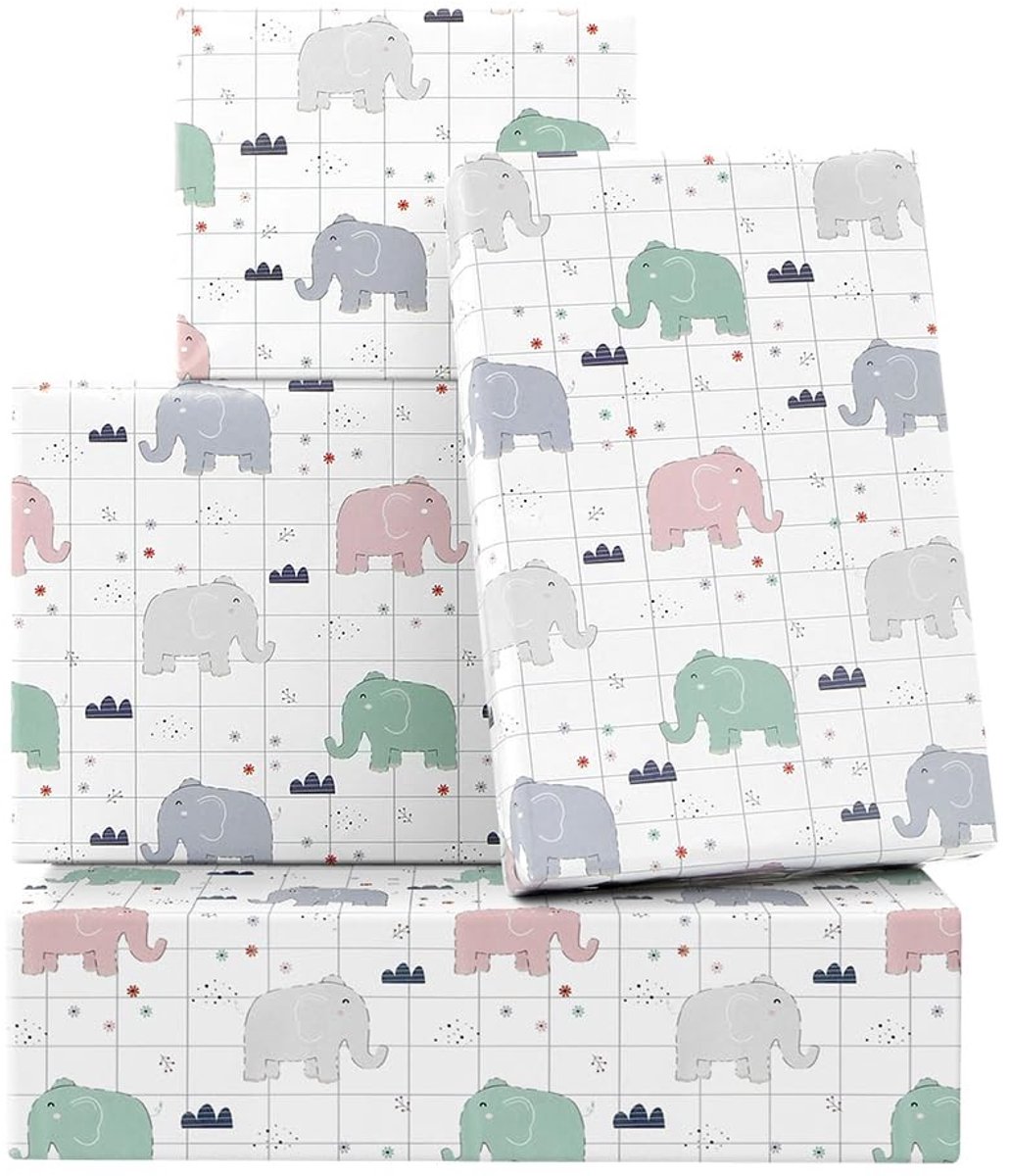 Dailygoods - Kleurrijk Olifanten Inpakpapier - 50 x 70 cm, 4 Vellen Cadeaupapier voor Feestjes