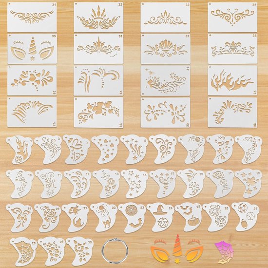 Dailygoods- Gezichtsverfsjablonen 46 Stuks - Herbruikbare Sjablonen - Gezichtsverf Stencils - Lichaamstatoeages - DIY Kunst - 2 Ontwerpen 12x7,5 cm / 7,7x7,2 cm