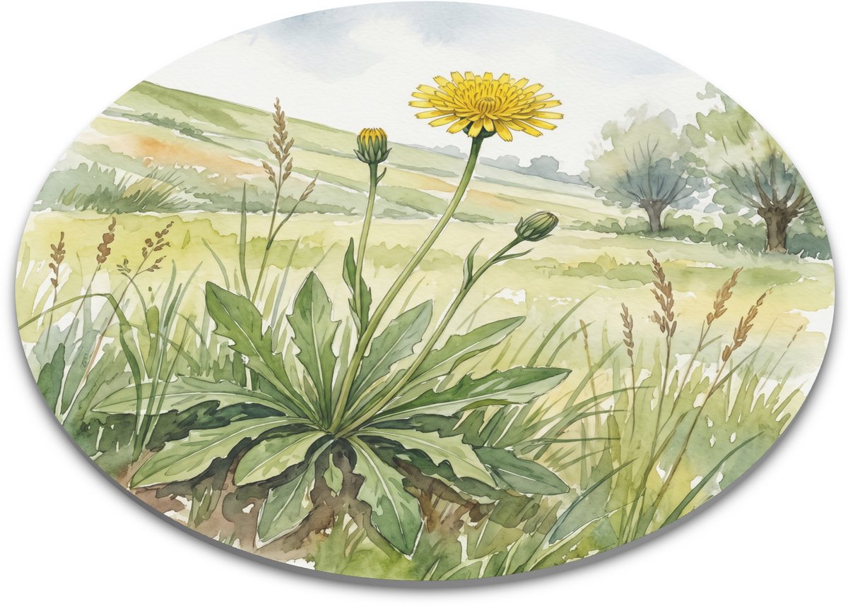 Ronde Muismat - Weidehavikskruid in de Wei - Aquarel Gele Bloem en Groen Landschap - Botanische Bureau Onderlegger
