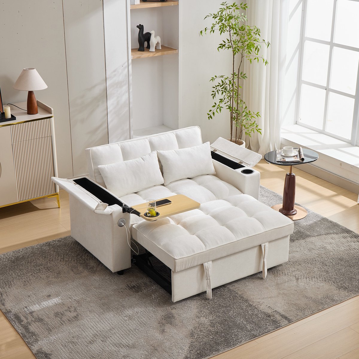 Zubaliya 3-in-1 uitschuifbare slaapsofa met USB-C en USB-A - voor kleine ruimtes - 2 personen - 140.5x74x82 cm - beige - verborgen MDF-tafeltje met drankhouders - opbergvak - verstelbare rugleuning 108°-180°
