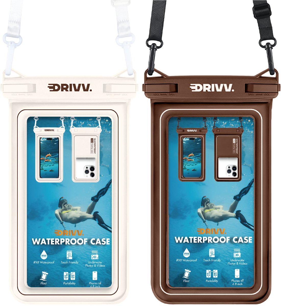 Drivv. Luxe Waterdicht Telefoonhoesje - Set van 2 – Drijvend - Dubbele Klipsluiting - Telefoons tot 6.8 inch – Onderwater Hoesje Telefoon - Bruin & Beige