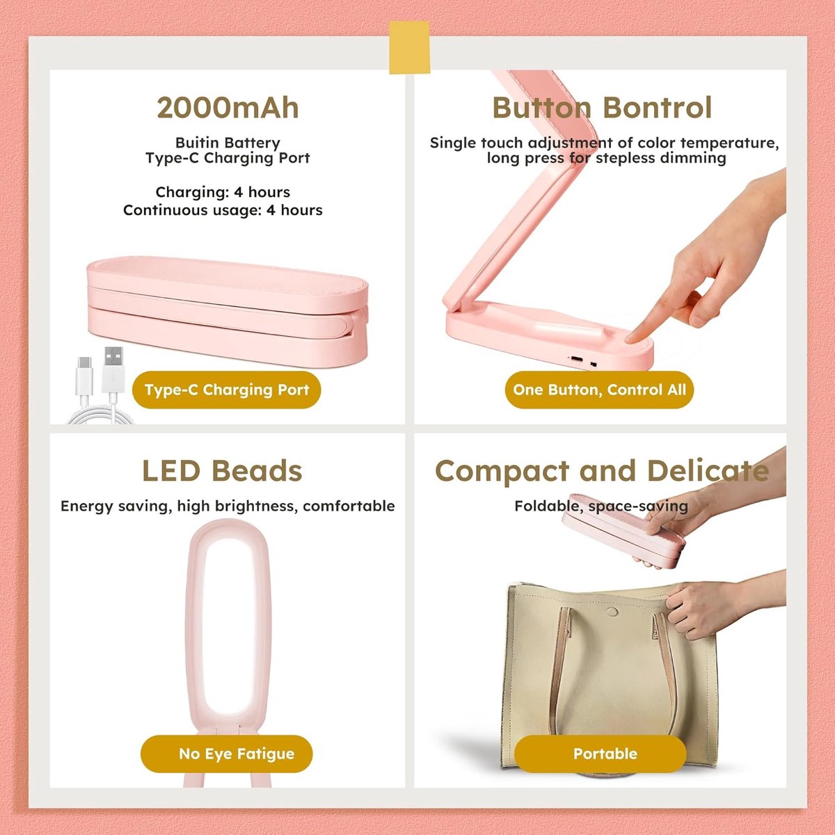 ZVD Roze oplaadbare bureaulamp – Compacte, draadloze LED-leeslamp op batterijen voor kantoor en thuis; opvouwbaar en draagbaar, dimbaar met 3 kleurtemperaturen en instelbare helderheid. — cadeau in Gadgets - foto 4