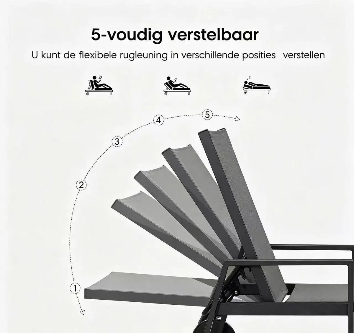 Purple Leaf Ligbedden met wielen en armleuningen - Set van 2 met salontafel - Grijs