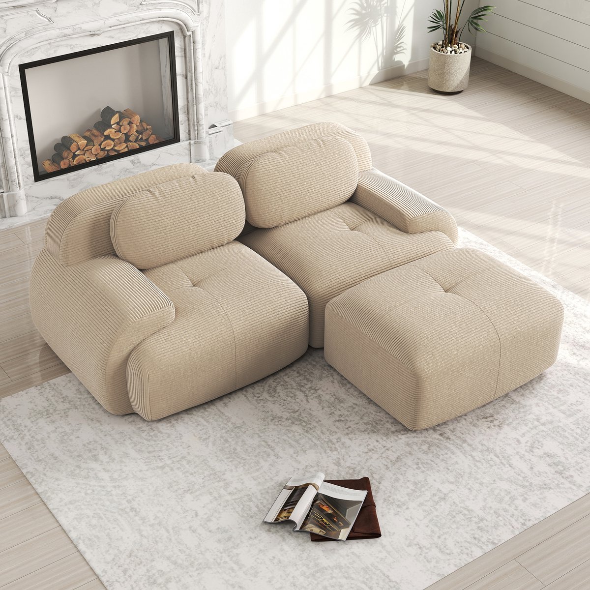 Merax Corduroy hoekbank - frameloze bank - modulair samen te stellen - met gebogen armleuning - woonkamer - lounge en slaapkamer - beige