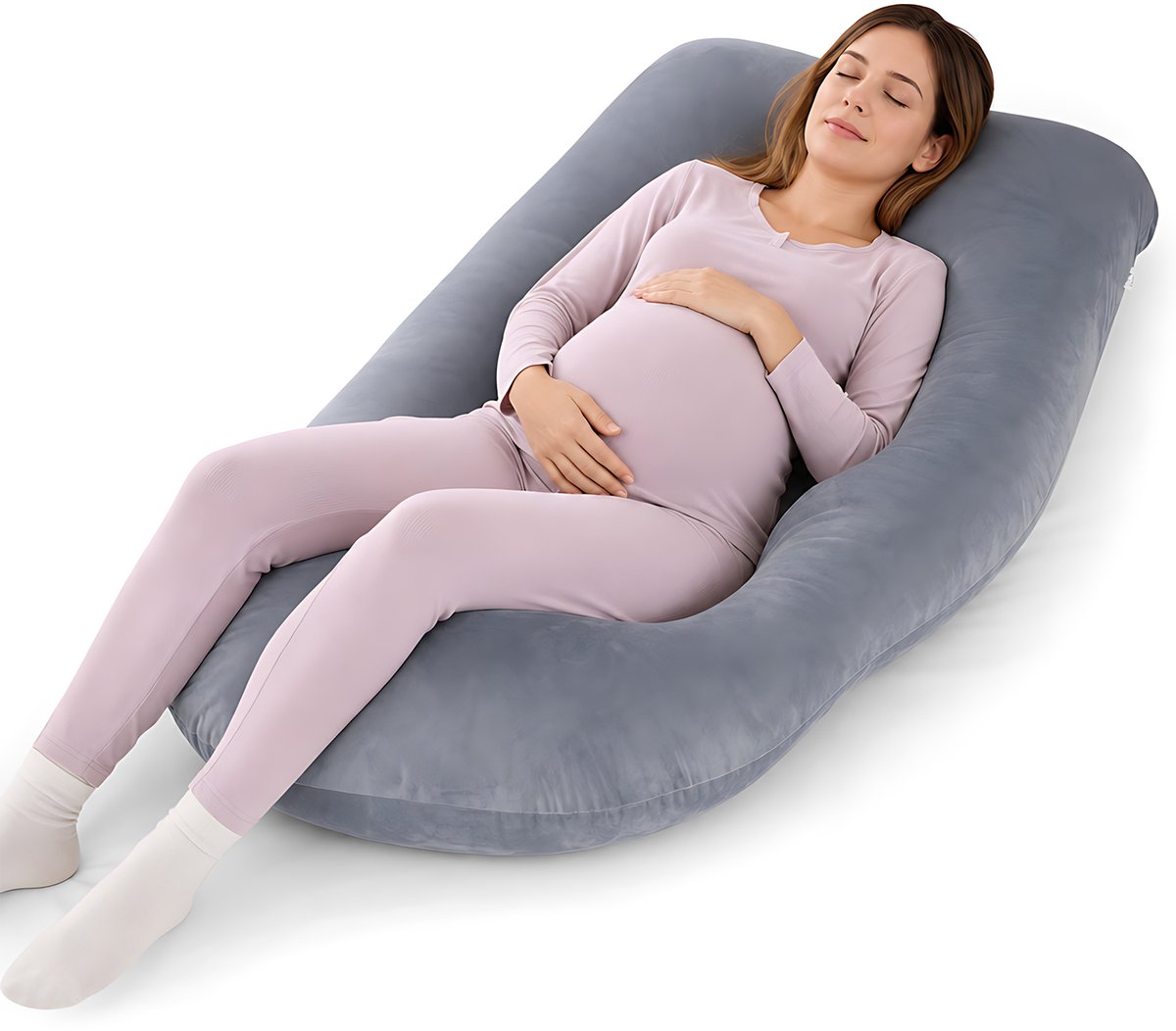 J-vorm Zwangerschapskussen en Borstvoedingskussen – Crystal Velvet Zwangerschapskussen – Ergonomisch Ondersteuningskussen voor Slaap en Borstvoeding – Grijs