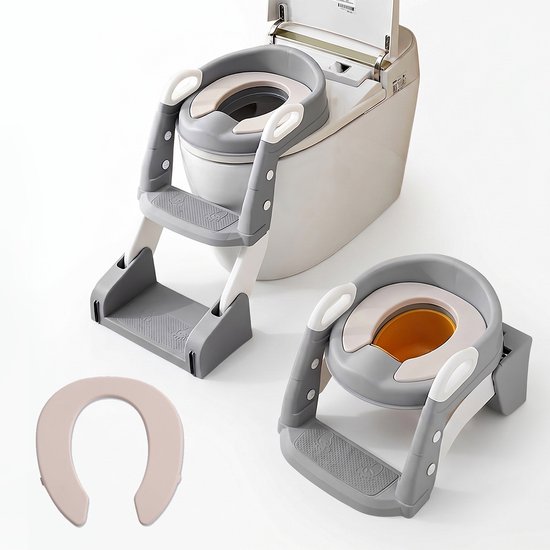 Grijze toiletverkleiner met opstapje en apart verkleinkussen. Veilig voor kinderen.
