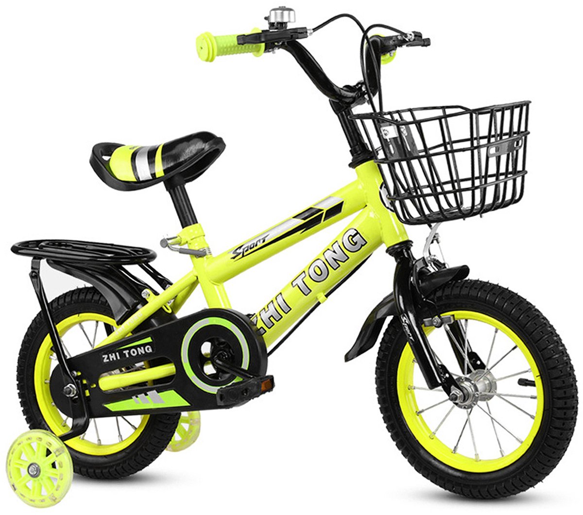Kinderfiets 14 Inch met Achterzitje – Jongens & Meisjes Fiets 2-6 Jaar – Verstelbaar Stuur & Zadel – Met Fietsmandje –Geel