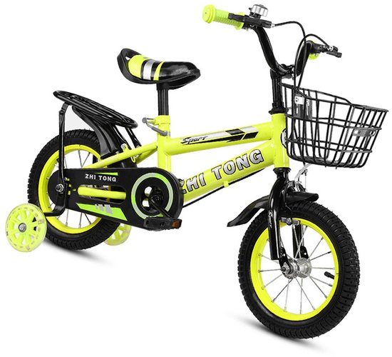 14 Inch Kinderfiets – Verstelbaar Zadel en Stuur – Met Zijwieltjes, Mandje en Achterzitje – Geel — afbeelding 3