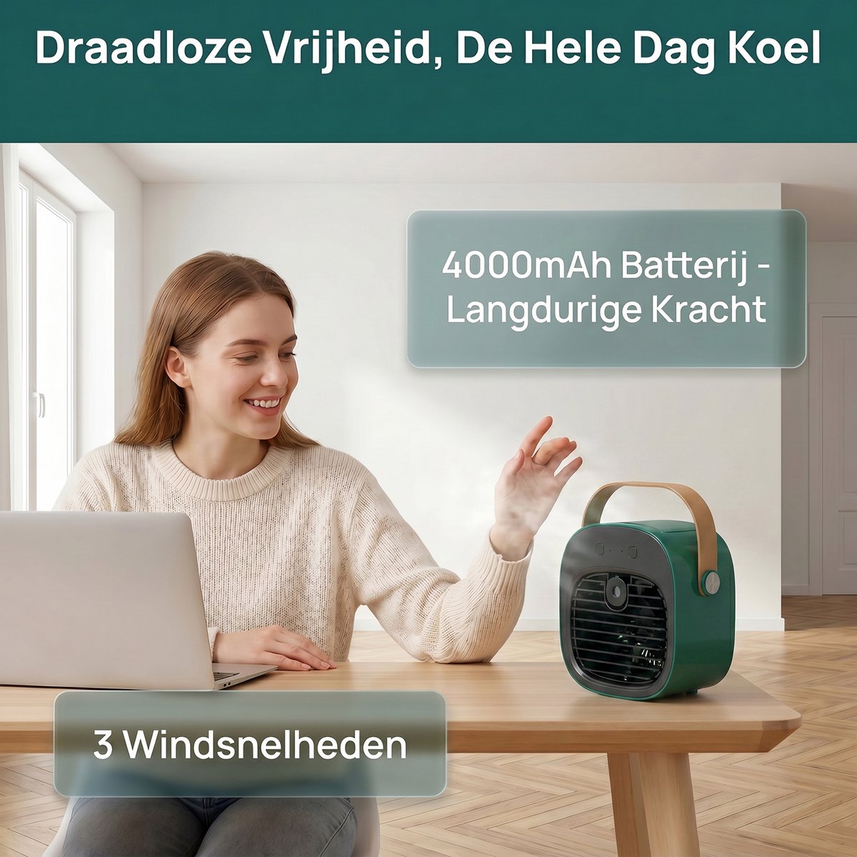 carmdering - Mini airco-kleine airco-4000mAh oplaadbare persoonlijke luchtkoeler-Mini-airconditioner met 3 snelheden - mini aircooler met water-Stille desktopkoelventilator voor thuis, slaapkamer, reizen, kantoor, buiten en binnen - Groen — afbeelding 8