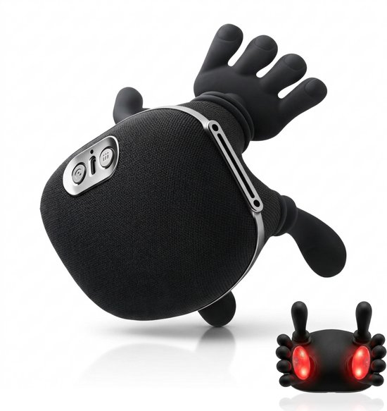 Zwart massageapparaat met grijze band en zwarte 'handen'. Kleine rode robot-achtige afbeelding.