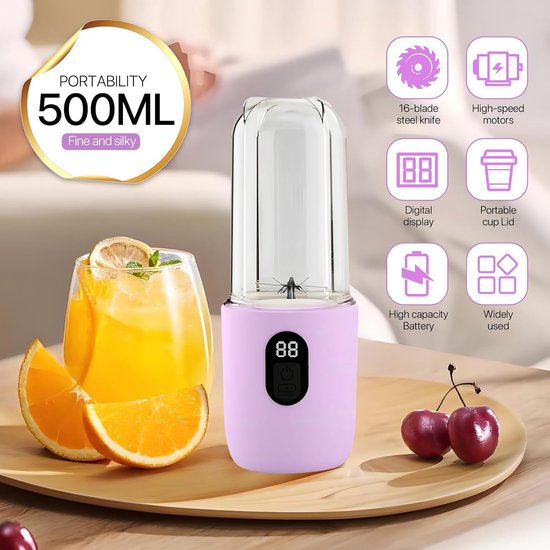 Draagbare Blender - Persoonlijke Mixer - Gezonde Drankjes Maken - 16 Roestvrijstalen Bladen - 500 ml Capaciteit - Paars — afbeelding 4