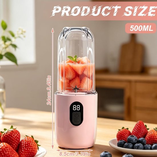 Draagbare mixer - Smoothie maker - Verse sappen maken - 16-bladen snijkop - 500 ml - Roze — afbeelding 2