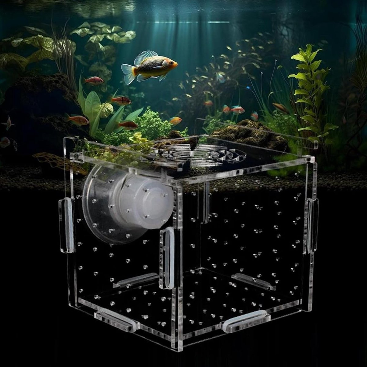 Aquarium Kweekbak voor Vissen en Garnalen, Drijvende Kweekbox met Zuignap, 10 x 10 x 10 cm, Ideaal voor Opkweek en Verzorging