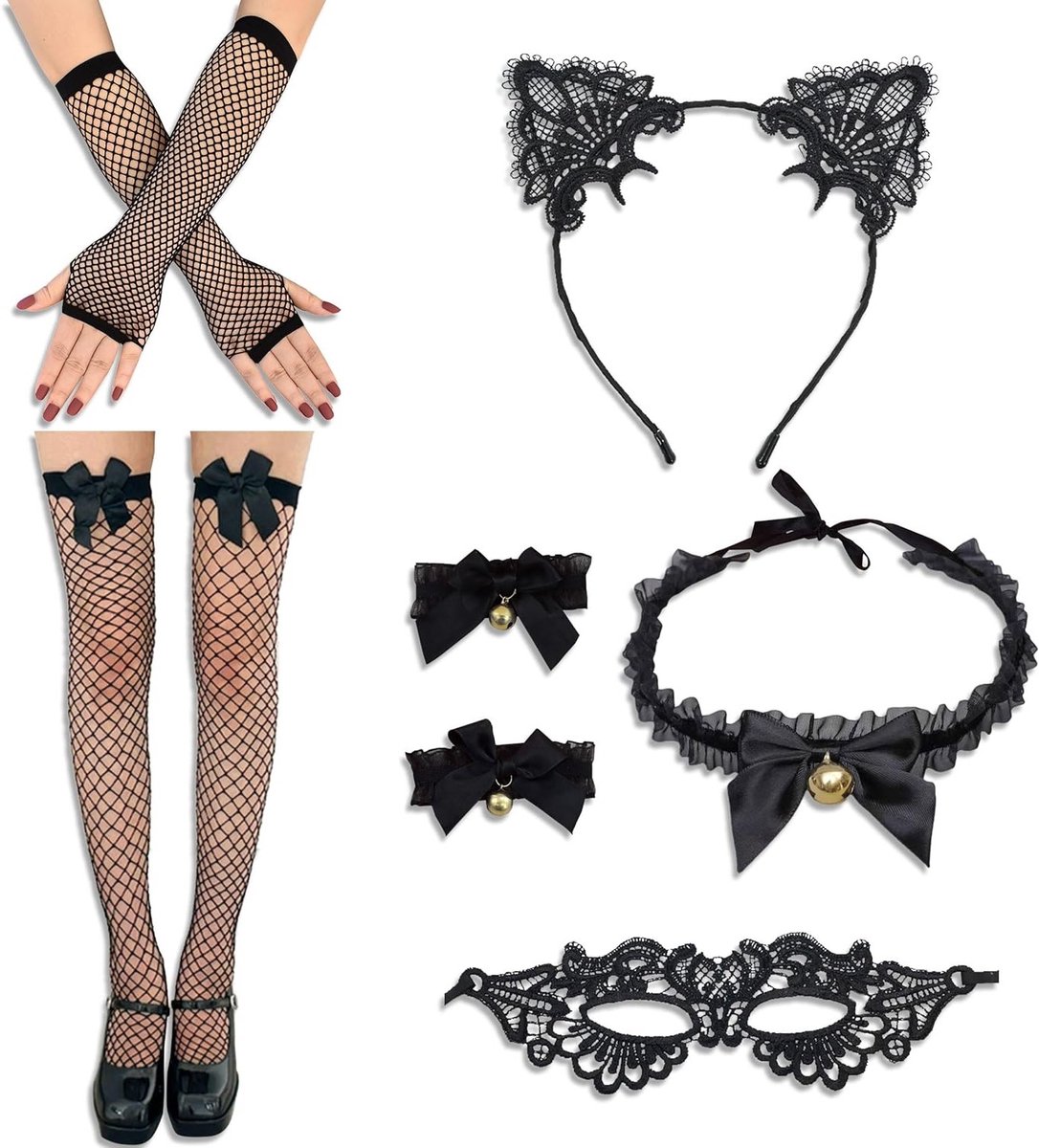 Dames kattenkostuum set, 6-delige outfit met kattenoren, masker, halsketting, kanten handschoenen en visnetkousen voor Halloween en carnaval feestjes