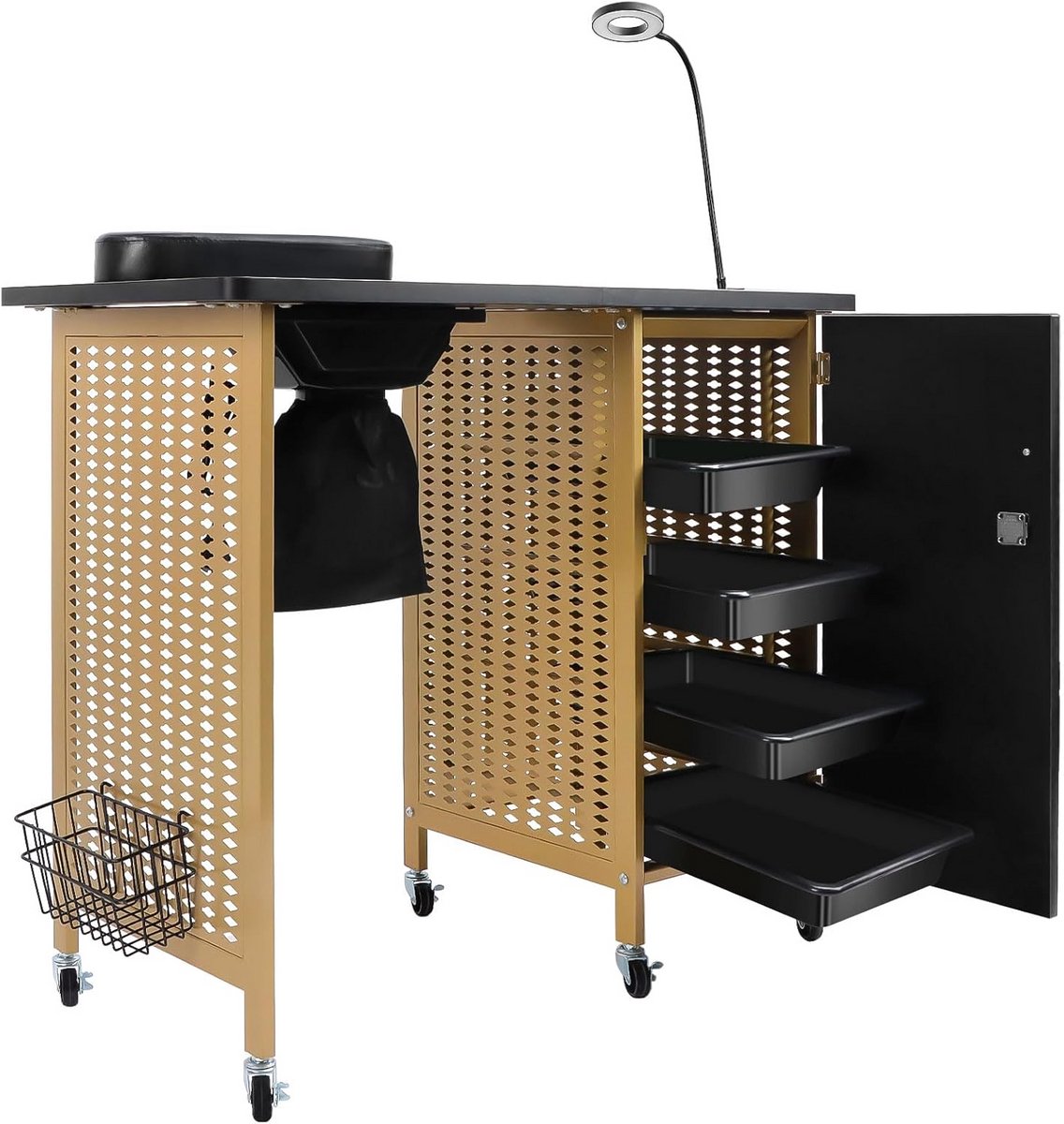 Manicure Tafel - Nagel Station - Nagels Behandelen - Mobiel Met Afzuiging - 80x43x75 cm - Zwart Goud