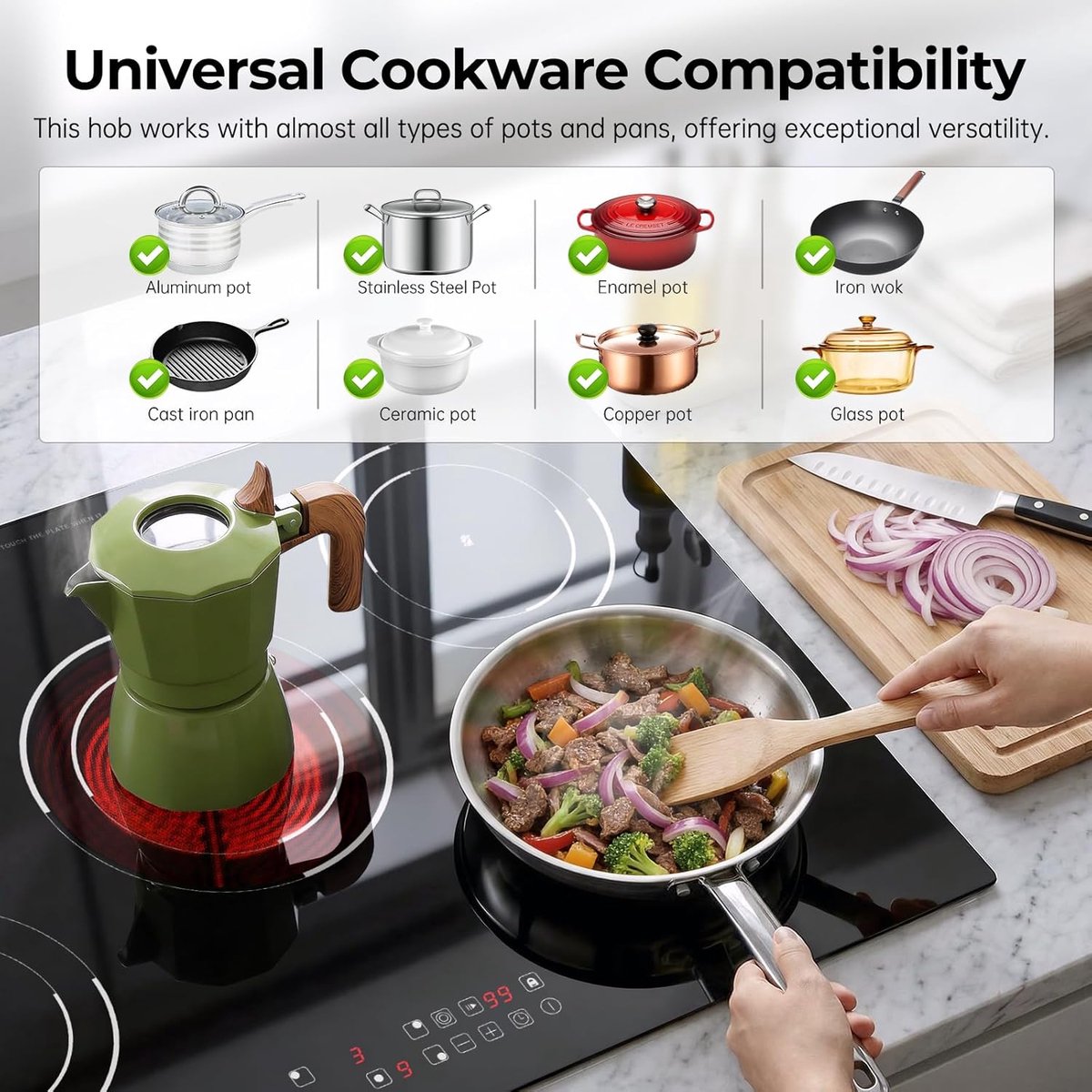Keramische Kookplaat - Inbouwkookplaat 5 zones - Koken en Bakken - 9000 Watt Vermogen - 77 cm - Matzwart