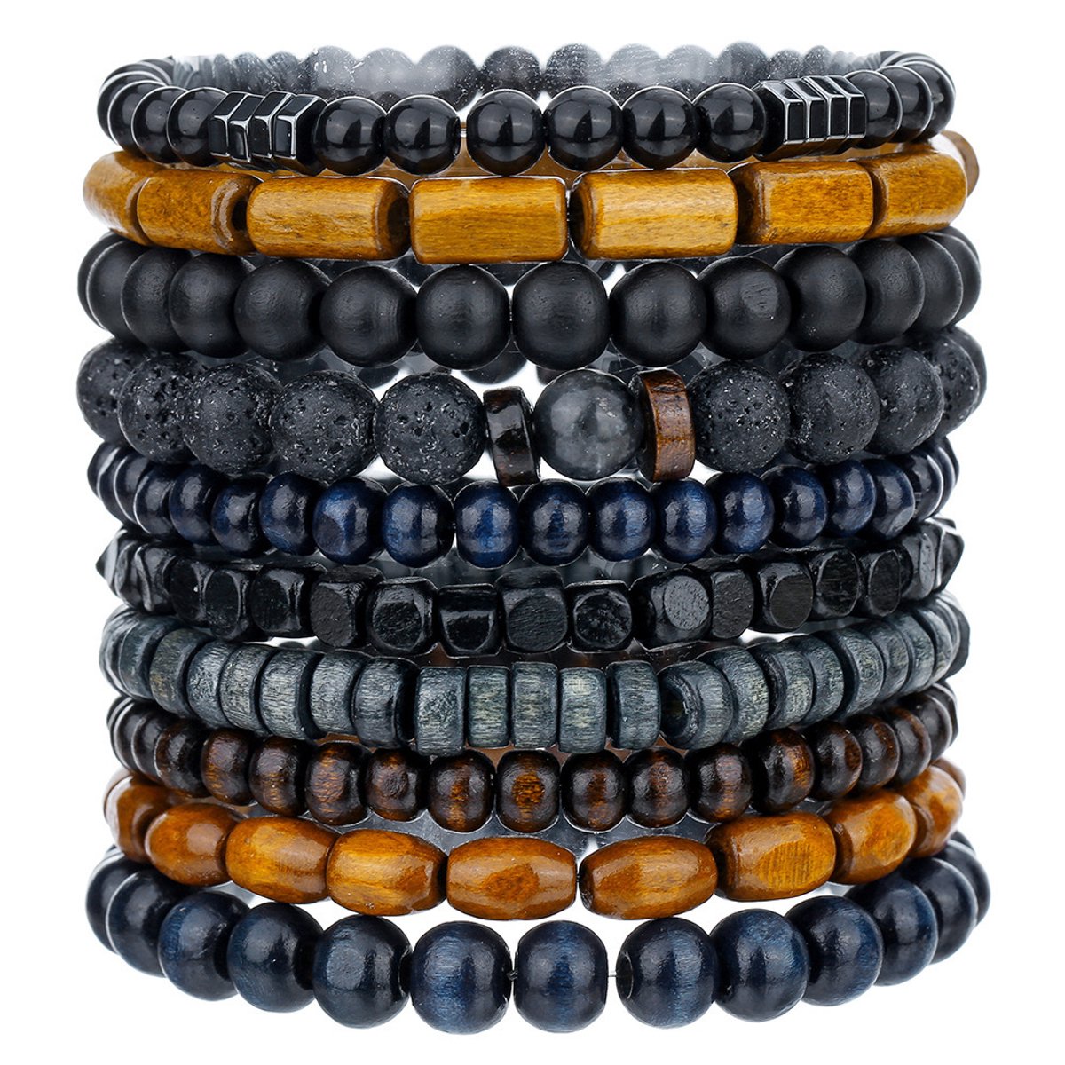 Helin Life Armbandenset voor dames en heren–10-delige set–Retro gelaagde armbanden van natuurlijke houten kralen–Veelzijdige armbanden met een mix van elementen: vulkanisch gesteente, tijgeroogsteen, artistiek en casual – Prachtige geschenkverpakking