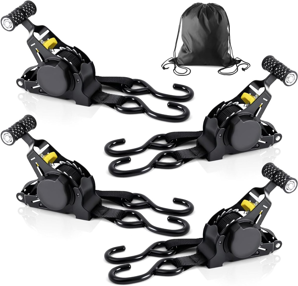 Intrekbare spanbanden met ratelsluiting voor veilig vastzetten van lading, 4 stuks, 3,3 m x 25 mm, automatisch oprolmechanisme, maximale breeksterkte 680 kg, ideaal voor aanhangers en dakdragers.