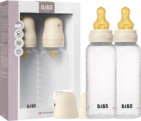BIBS babyfles 270 ml natuurlijk latexrubber speen verpakking 2 stuks - Anti-koliek, BPA-vrij, ronde speen, gemiddelde stroom , licht gewicht en makkelijk te reinigen, geschikt voor pasgeboren baby's 0+ jaar - Ivory