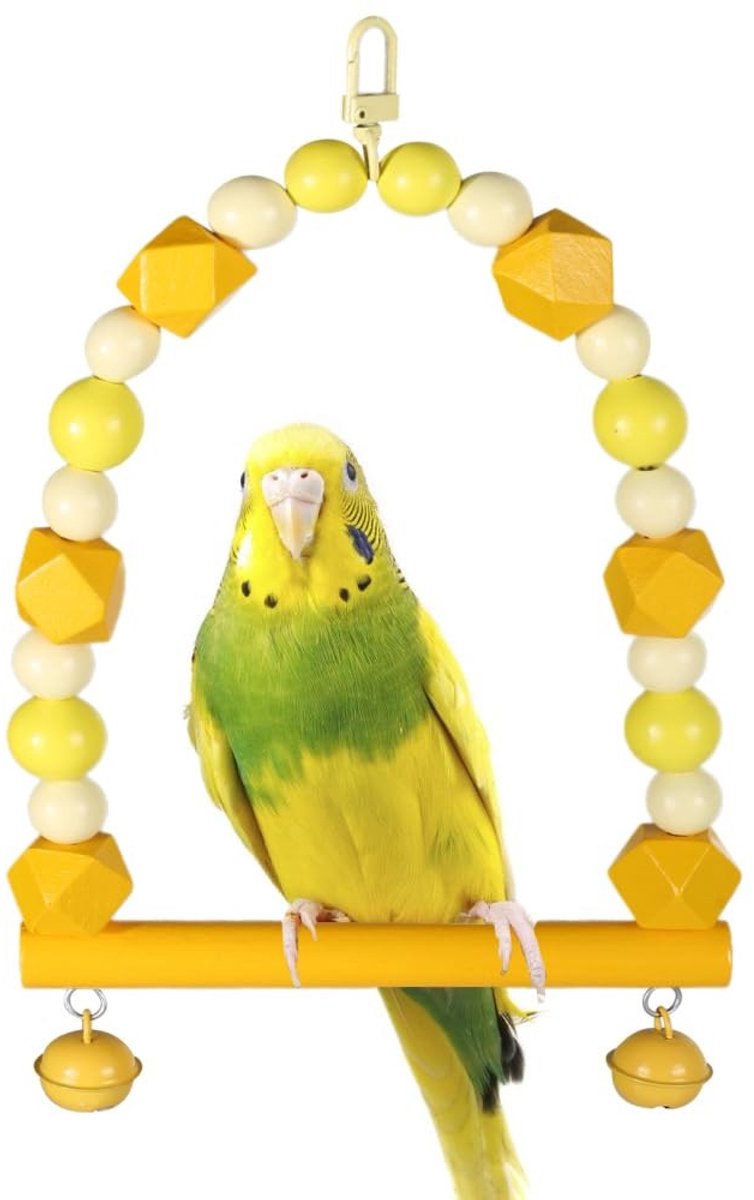 Dailygoods- Vogelschommel Kleurrijk Houten - Hangend Speelgoed - Zitstok/Bellen - Voor Parkieten/Conures - Oefening/Training - Roestvrijstalen Beugel - Vogelspeelgoed