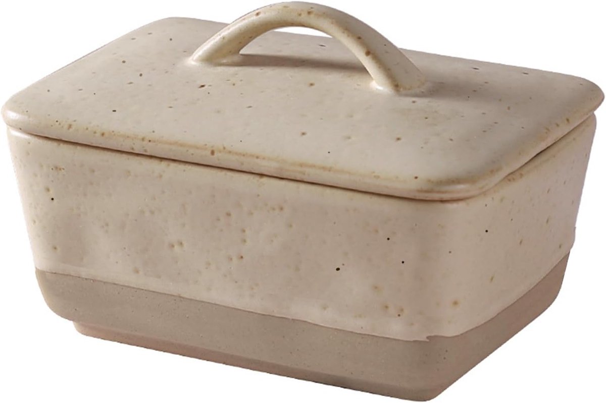 Handgemaakte keramische botervloot met deksel, rechthoekige botertrommel voor 250g/500g boter, ideaal voor koelkast en eettafel, rustieke uitstraling, 350ml inhoud