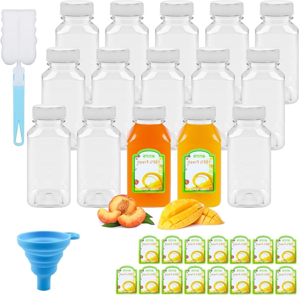 Set van 15 Herbruikbare 8oz/250ml Sapflessen met Doppen, Trechter, Borstels en Stickers voor Dranken en Koelkastopslag