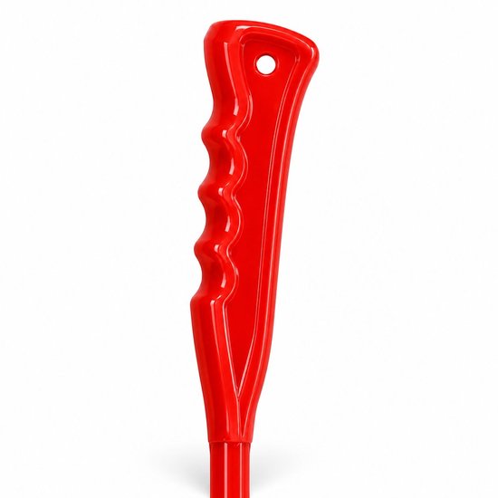 Een rode, ergonomische handgreep met welvingen en een gat aan het einde.