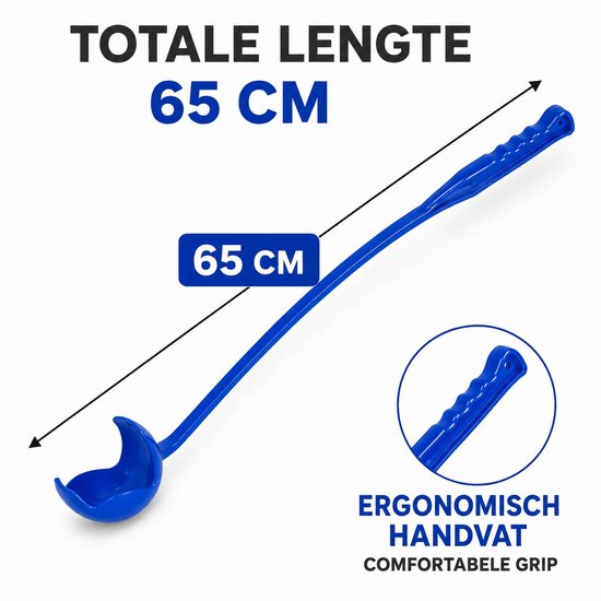 Blauwe werper van 65 cm. Tekst: Totale lengte 65 cm, Ergonomisch handvat.