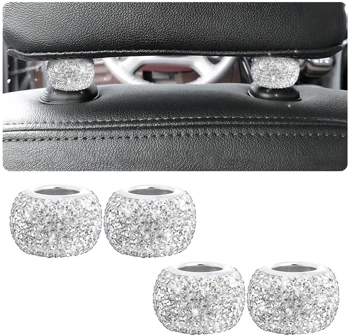 SOUQONE- Hoofdsteun Ringen - Universele Autostoel Accessoires - Strass-steentjes - 4 Stuks - Geschikt voor Afneembare Hoofdsteun - Bling Interieurdecoratie - Autodecoratie