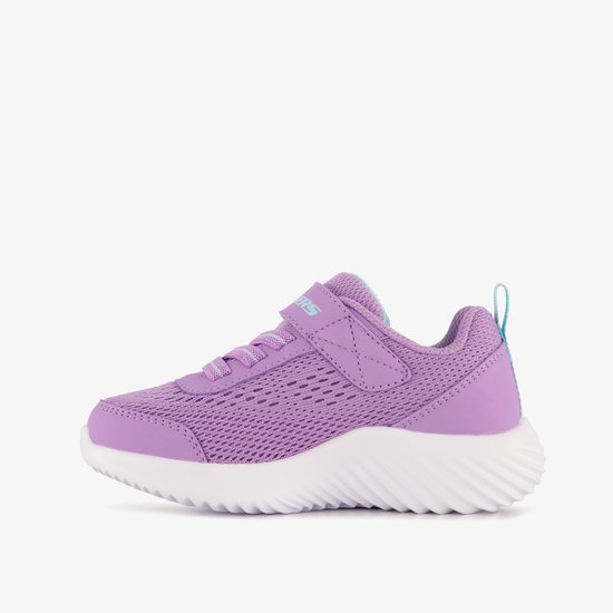 Paarse Skechers Bounder sneaker met klittenbandsluiting, mintgroene accenten en ademende mesh.