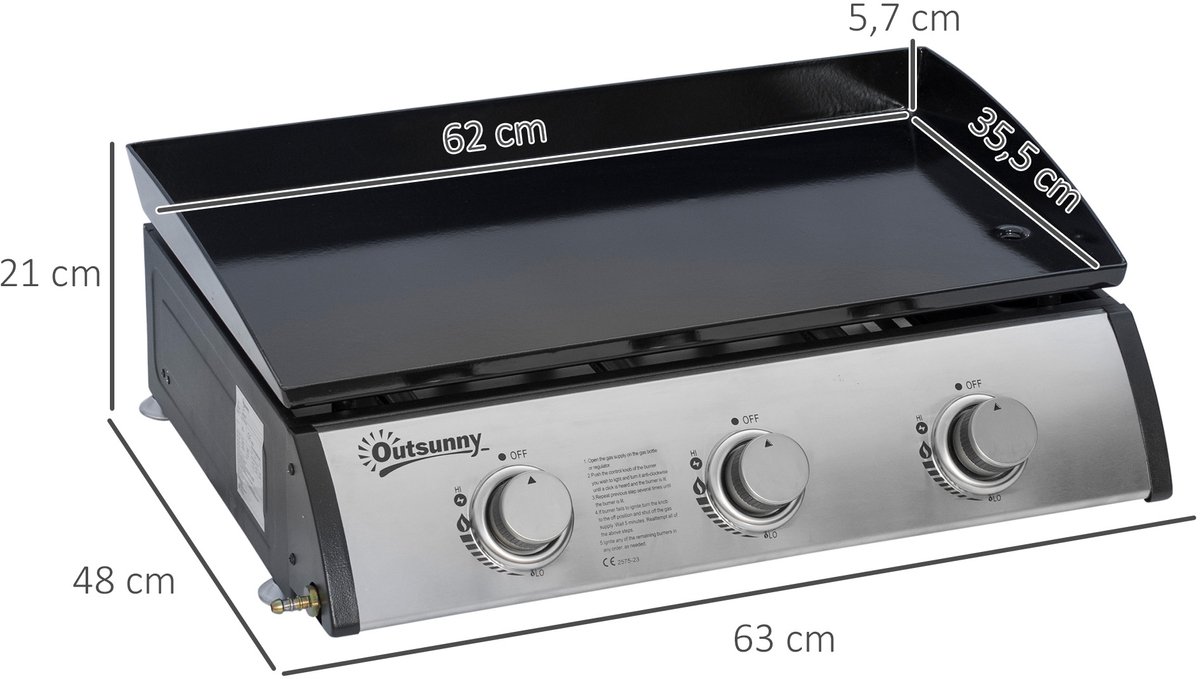 Zwarte roestvrijstalen gasgrill 63 bij 48 bij 21 cm Voor tuin en kamperen buiten