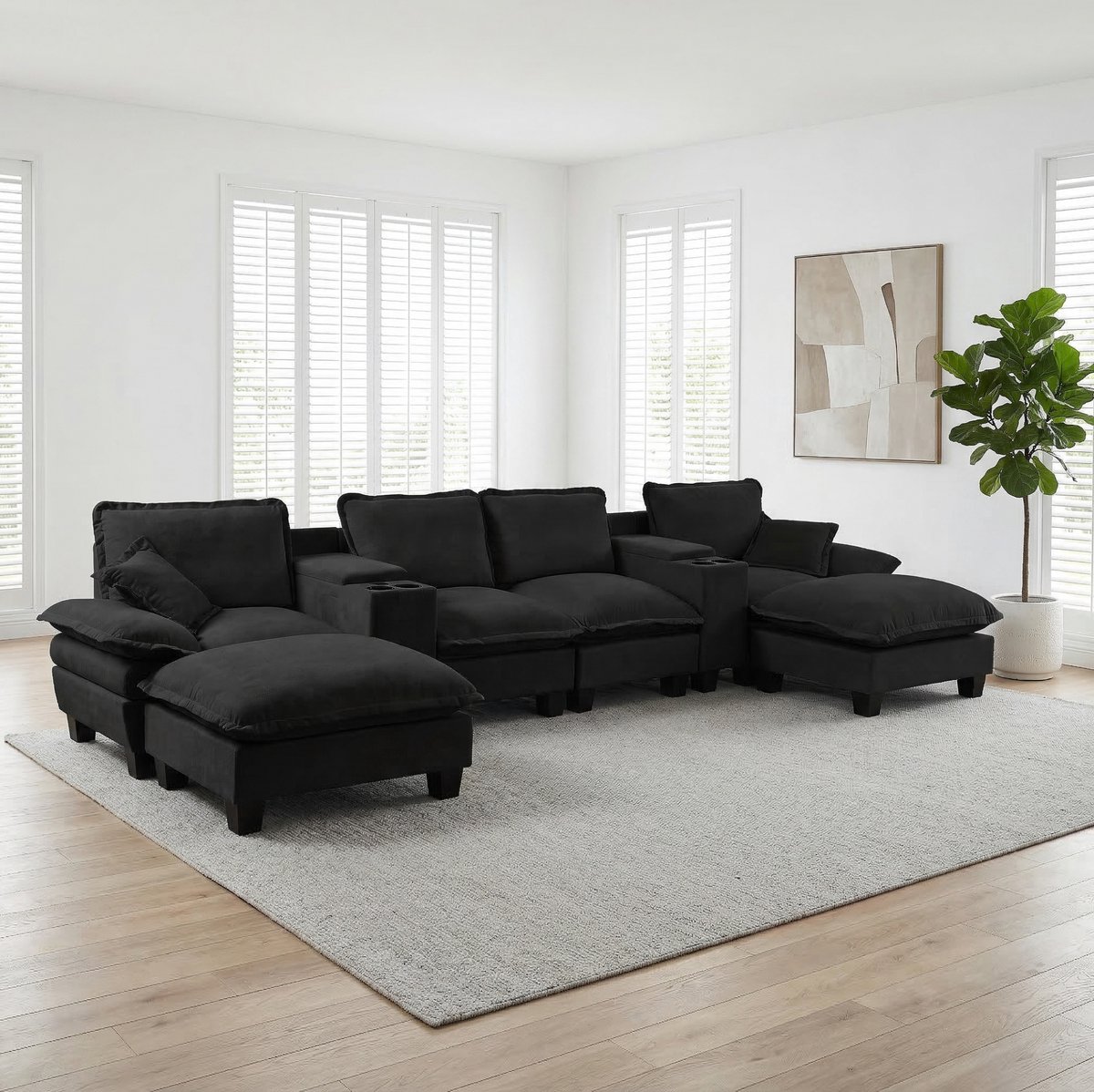 STILVORA U-Bank 392 x 151 x 90 cm - Met Opbergruimte, Usb Aansluiting En Ottomans - Voor Woonkamer En Appartement - Chenille Zwart