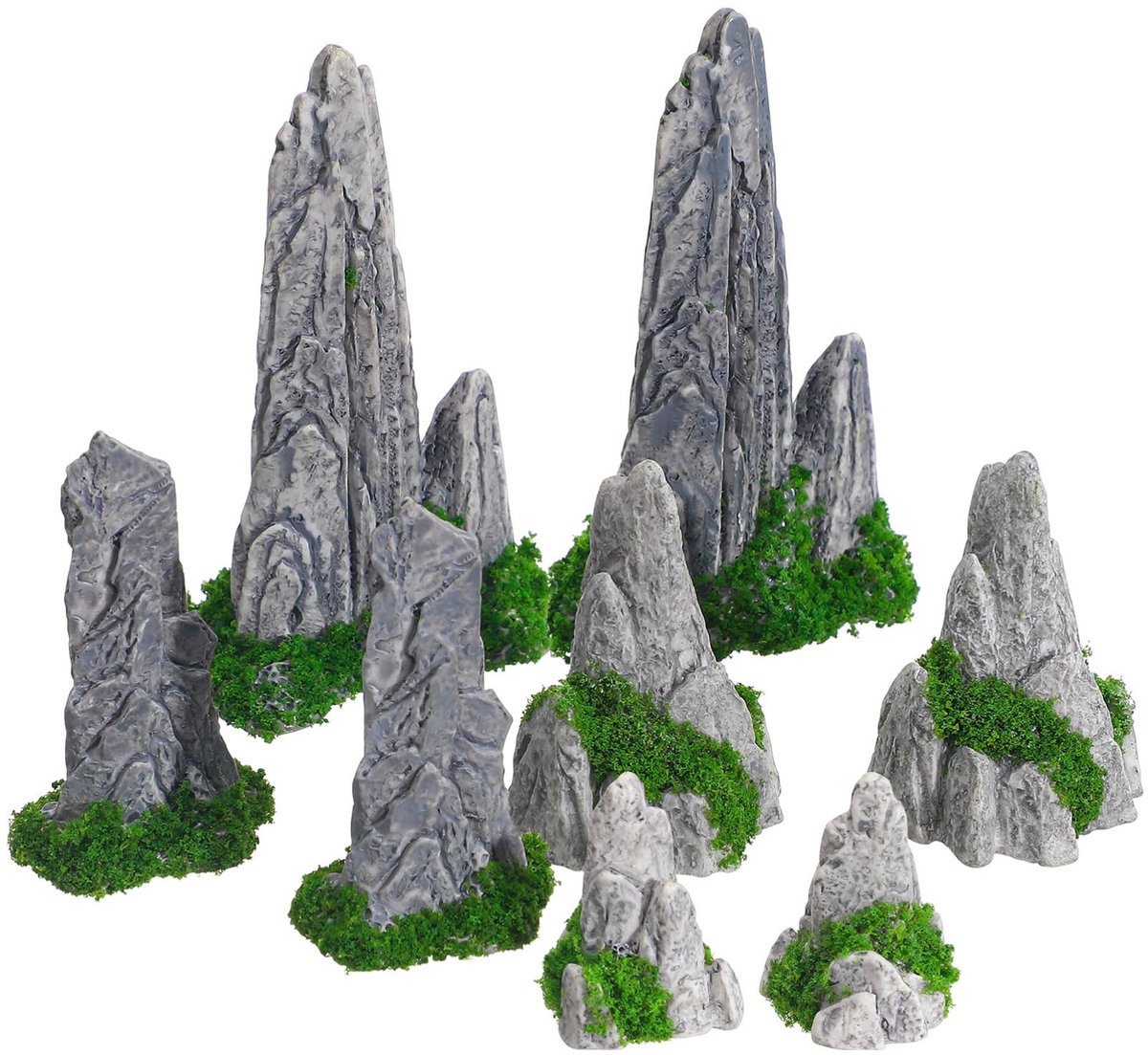 Dailygoods- Bergdecoratie Miniatuurset 8 Stuks - Lichtgewicht Hars - Zen Tuin - Rotstuin - Microlandschap - Stabiel Voetstuk - Miniatuurlandschap