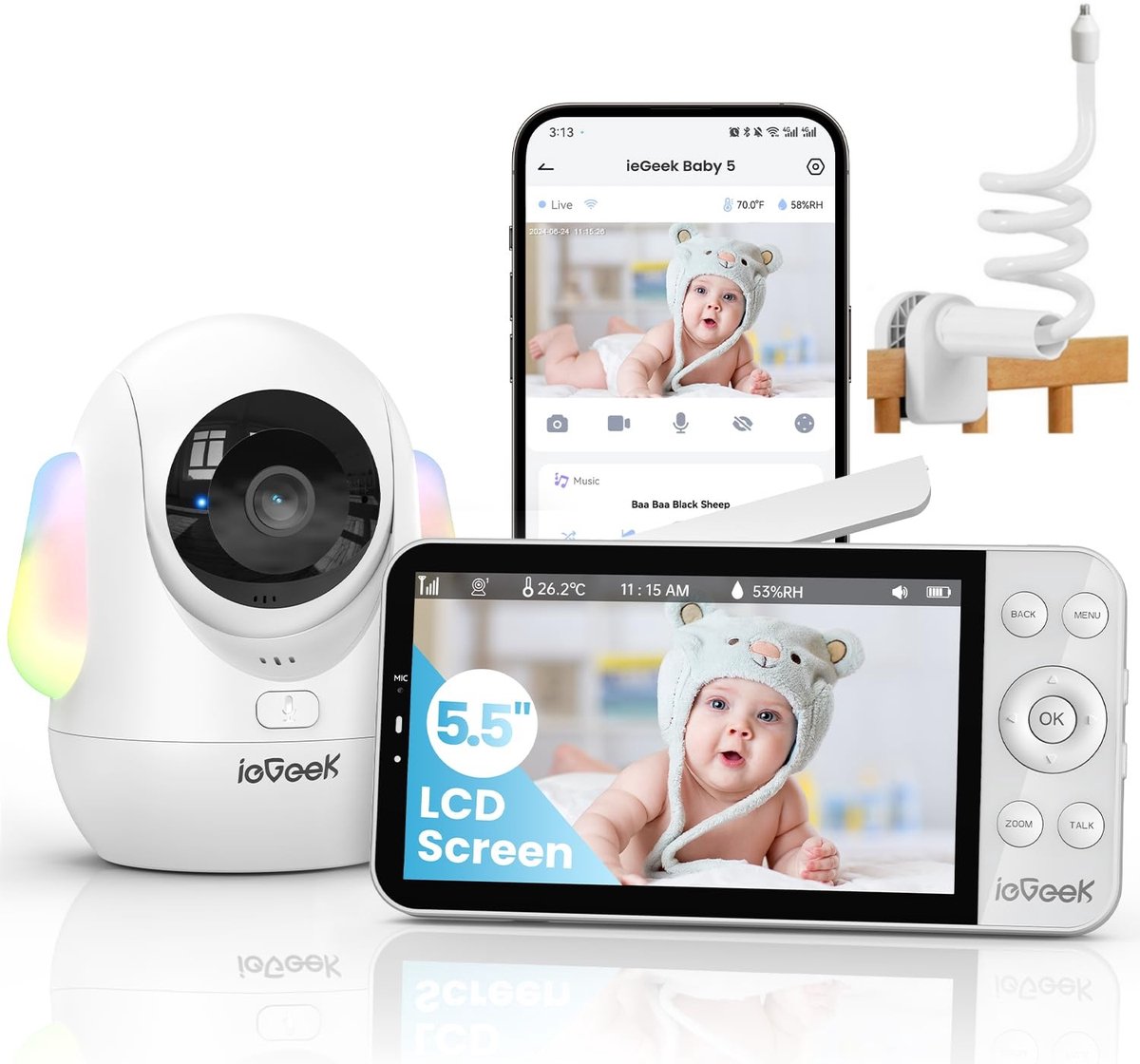 Babyfoon met Camera en App met 2.5K & 4X Zoom 5.5 inch Scherm - 2.5K/4MP PTZ Videobabyfoon met Camera - PTZ 360°/100° - Temperatuursensor, automatische tracking, Nachtzicht, 2-Weg Audio,Automatisch - Inclusief Flexibele Houders