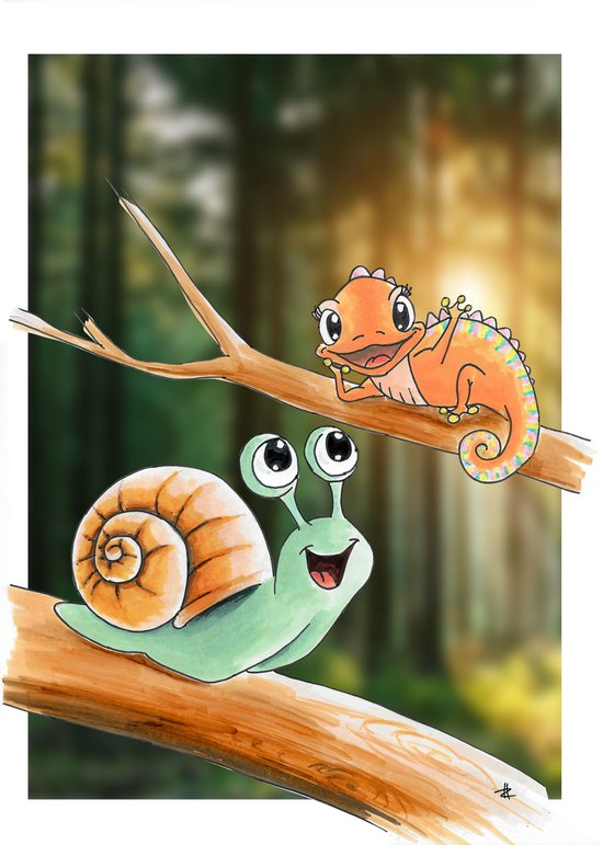 Een vrolijke groene slak met een oranje huisje en een oranje kameleon met een gekleurde staart zitten op een tak.