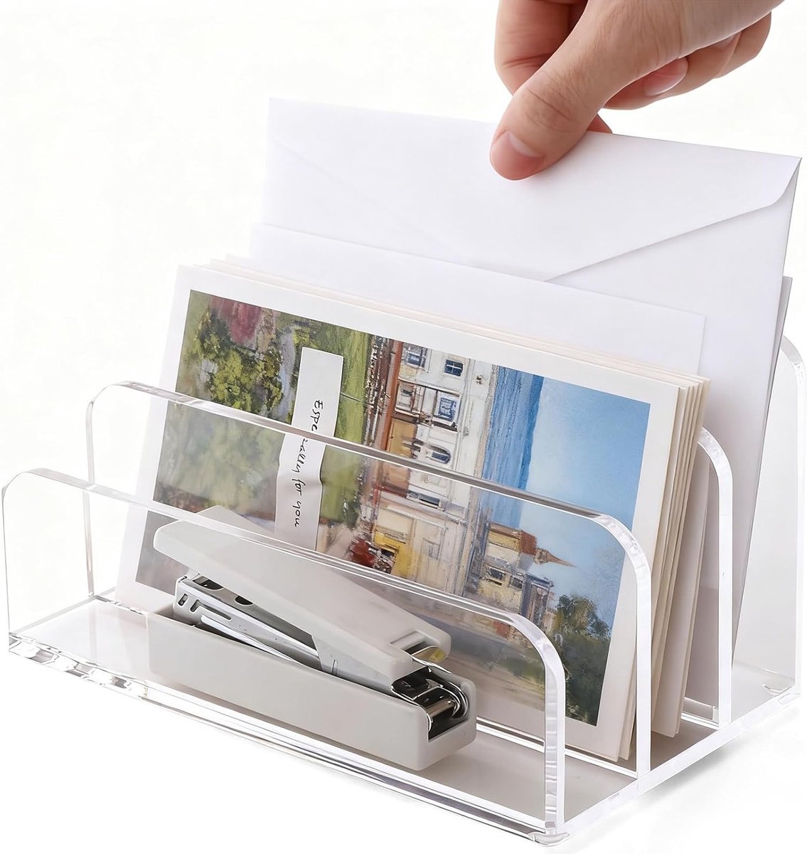 Acryl Briefhouder met 3 Compartimenten, Desk Organizer voor Documenten en Kaarten, Stijlvolle Oplossing voor Kantoor en Thuis, 17.5 x 10.0 x 10.5 cm, Efficiënte Opbergruimte en Organisatie