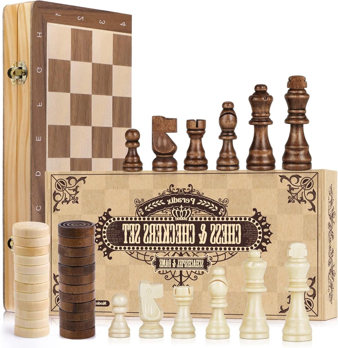 2-in-1 Houten Schaakspel - Vouwbare Schaakbord van 15 x 15 Inch, Magnetisch Handgemaakt Schaakset met Grote Figuren, Educatief Speelgoed en Cadeau voor Kinderen